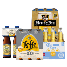 Hertog Jan 0.0%, Corona Cero 0.0%, Leffe blond 0.0% of Tripel Karmeliet 0.4% 